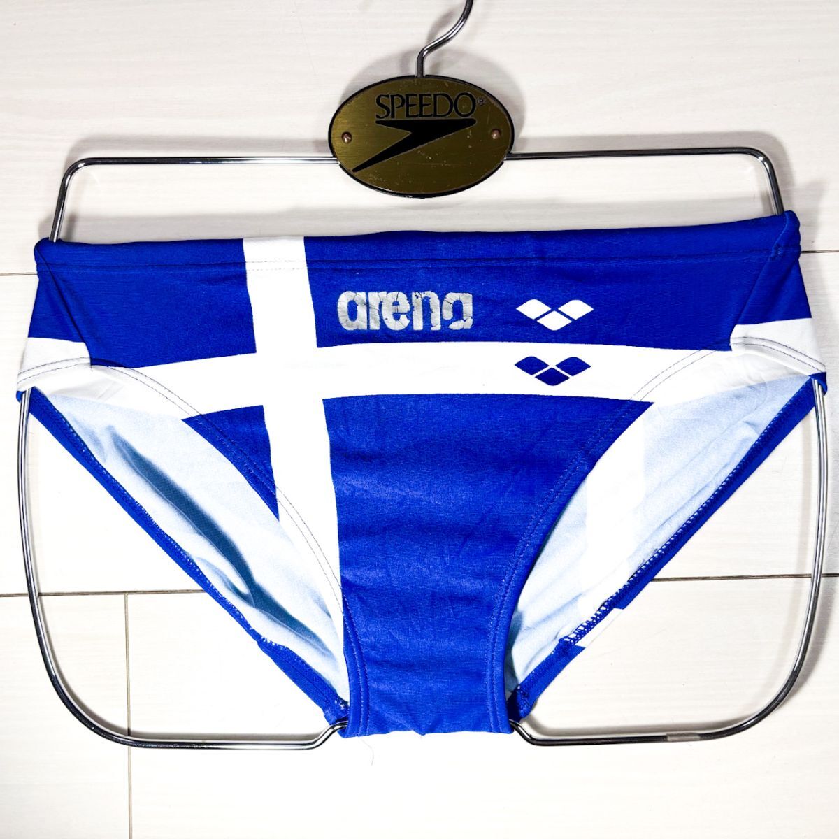 中古】10アリーナ男子競泳水着O☆ARN-9159☆薄地☆光沢ブルー白