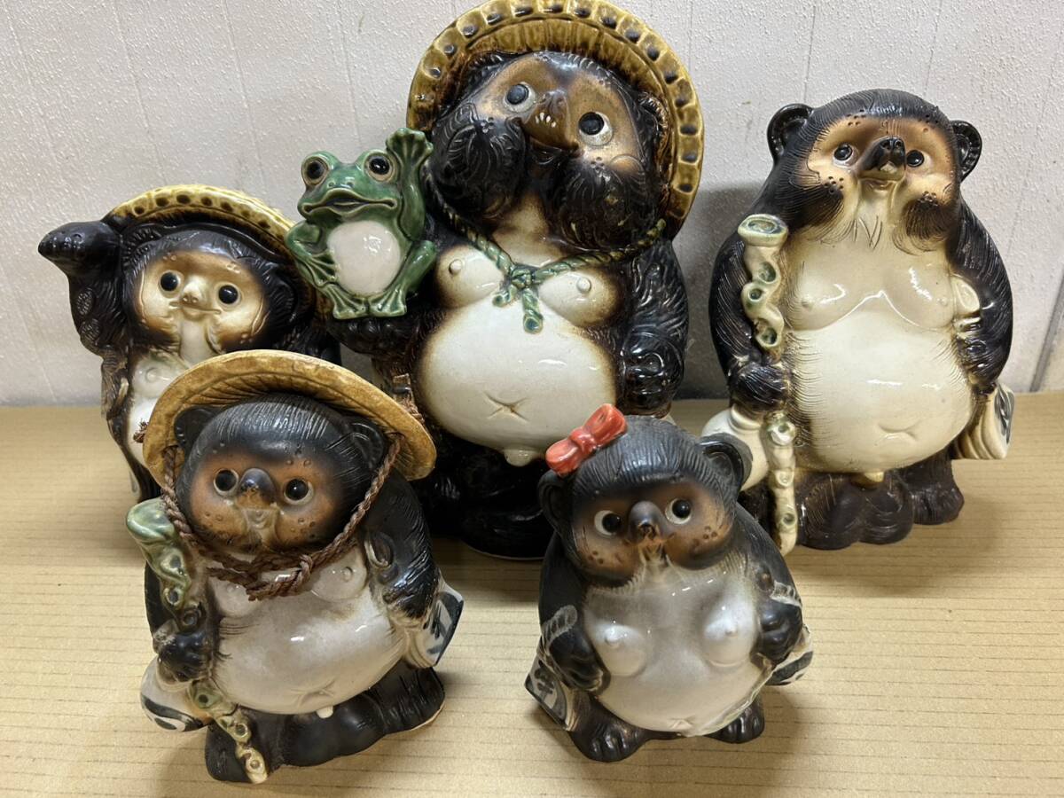魁】旧家蔵出し 時代物 明治～大正 古い信楽焼 狸 たぬき 置物 高さ55