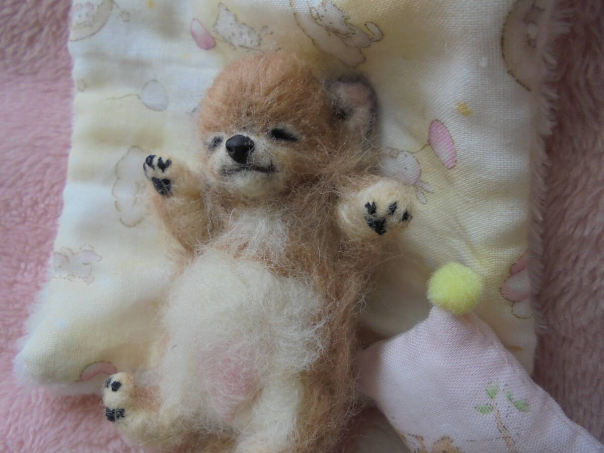 羊毛フェルト クッションでくつろぐ白ポメ ポメラニアン 羊毛フェルト