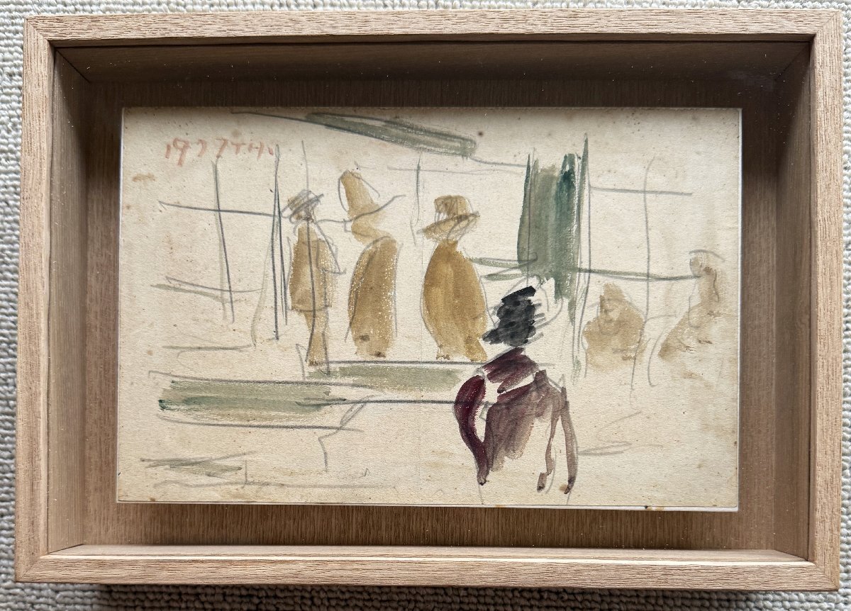 中古】長谷川利行「黄昏の上野地下鉄ストア」筆致鮮やか印象的名作絵画