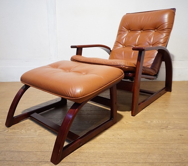 美品■本革■冨士ファニチャ■リクライナー&オットマン■1P■パーソナルチェア■ FUJI FURNITURE 本革 レザー ヴィンテージ リクライニングチェア