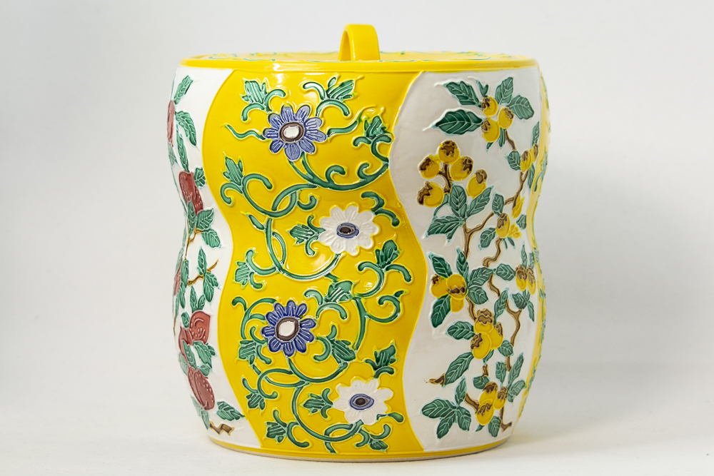 Ｐ８１　皆具　『翠嵐窯　宝泉造』『黄交趾』『間取三聖花文』　共箱　茶道具 P81 皆具 『翠嵐窯 宝泉造』『黄交趾』『間取三聖花文』 共箱