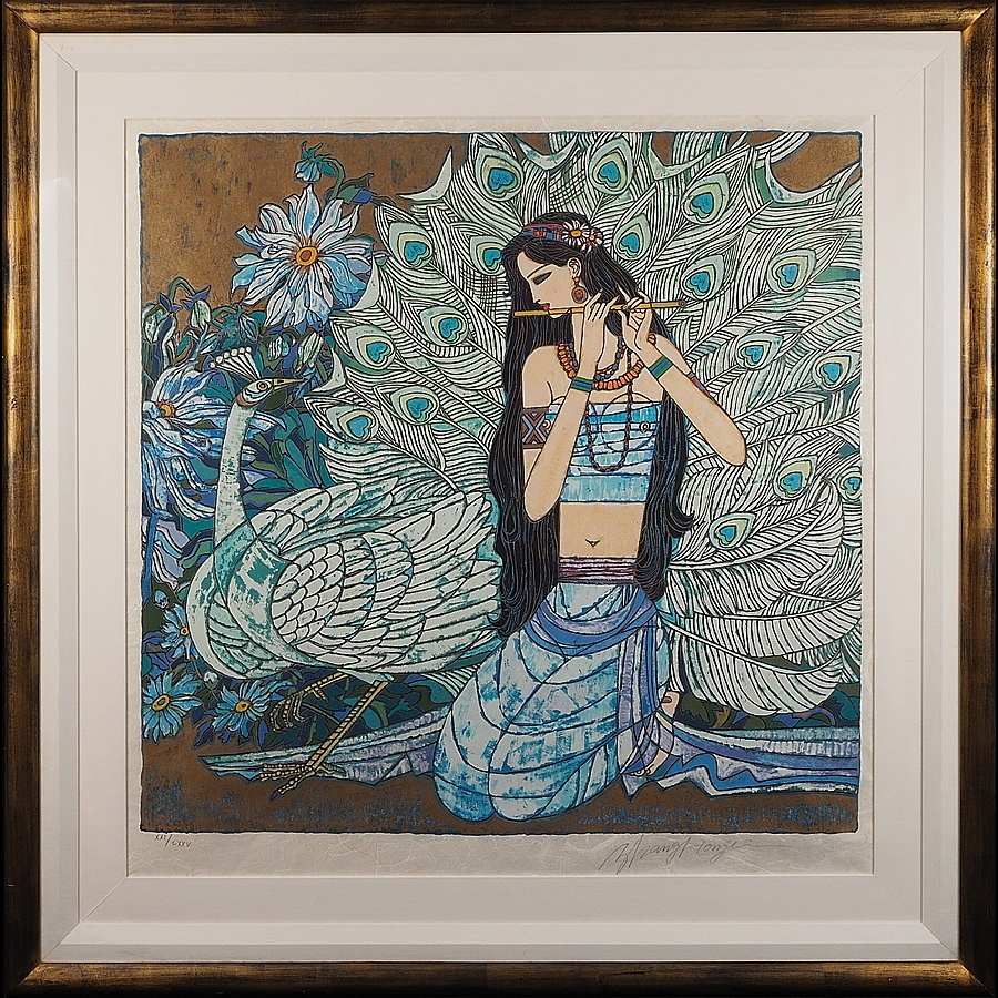 Zhang Hongbin●ザン・ホンビン●シルクスクリーン「笛を吹く少女」 版画】【蘇山】[ザンホンビン(Zhang Hongbin)] 4360 絵画 リトグラフ