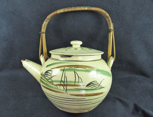 時代古作品❗】明治時代～大正時代　益子焼　皆川マス絵付　鉄釉緑釉　山水図　土瓶 時代古作品❗】明治時代～大正時代 益子焼 皆川マス絵付 鉄釉緑