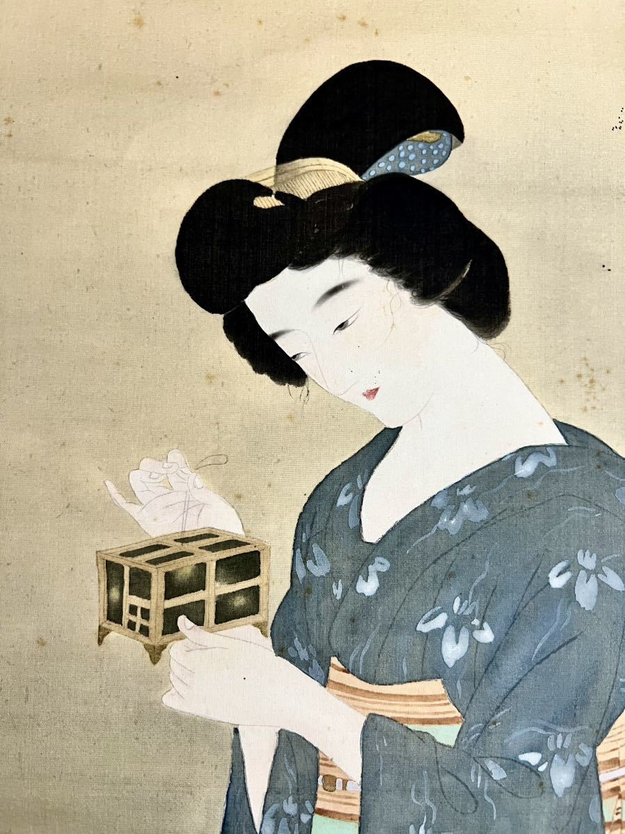 浮世絵　美人画（在銘）絹本　掛軸 全商品オープニング価格！ 浮世絵 美人画（在銘）絹本 掛軸 絵画