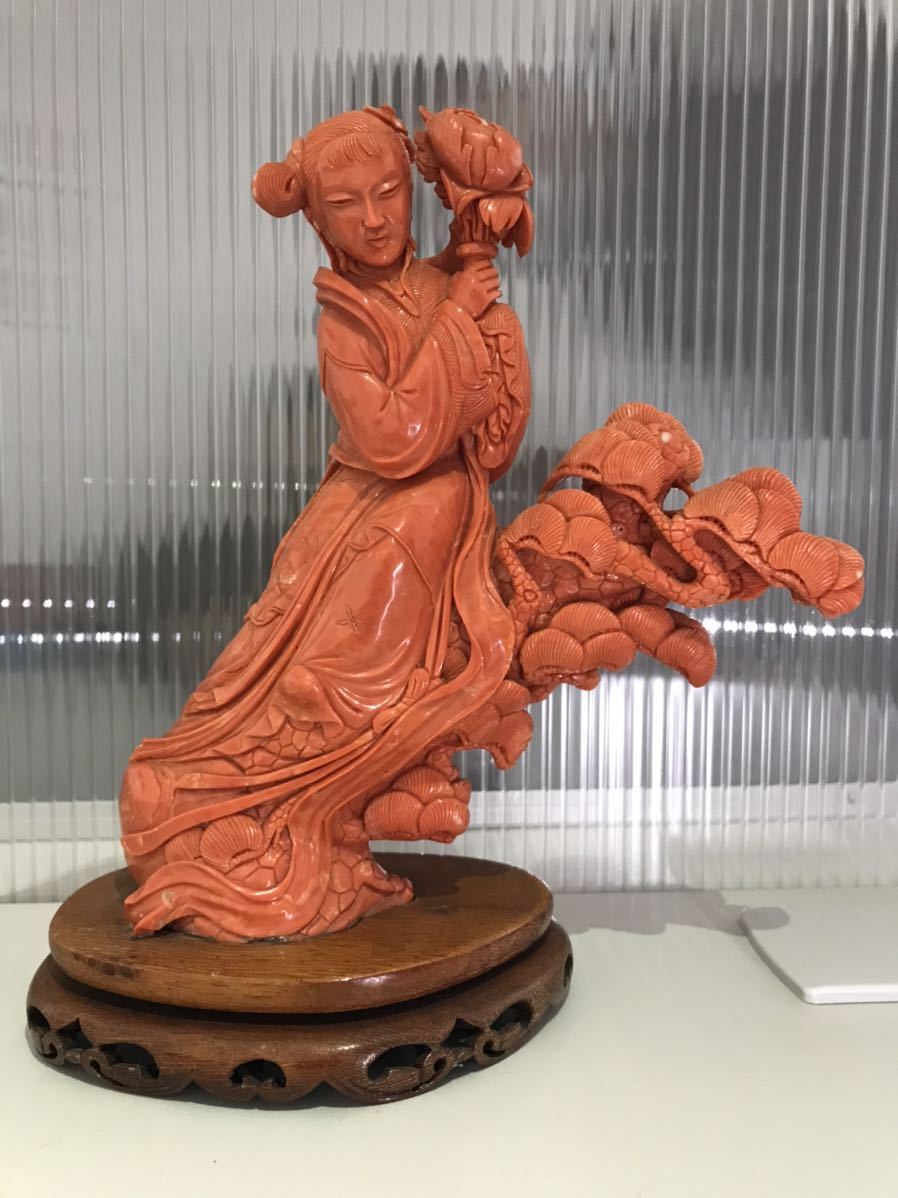 目立った傷や汚れなし】蔵出 天然桃珊瑚細工 天女像 重量約960g 高さ
