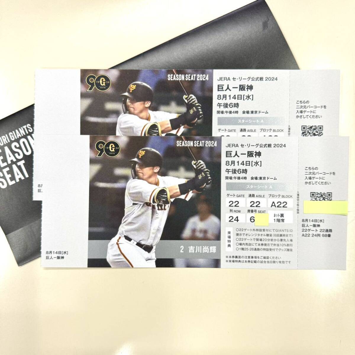 東京ドーム 8/13 巨人VS阪神 ペアチケット （巨人 スターシート