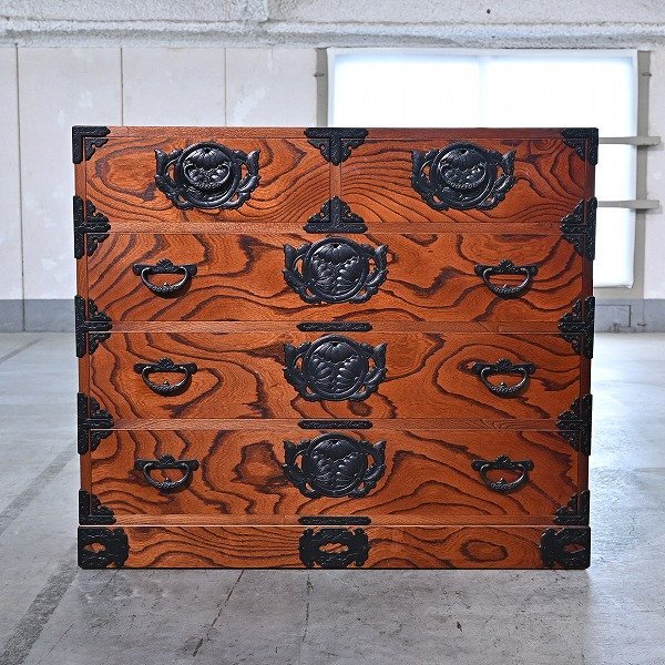 人気再入荷！民芸家具和タンス四段五つ引き木製桐材天然無垢収納家具