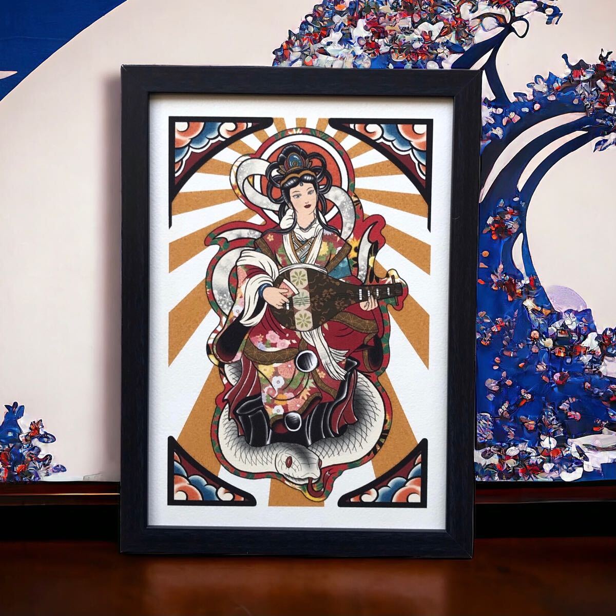 新品】切り絵【弁才天 琵琶の調べ】弁財天☆満月☆蝶☆仏画☆イラスト