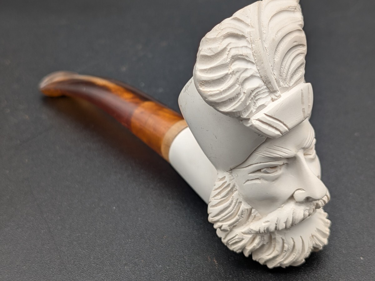 メシャムパイプ 人物彫刻 専用ケース付き 慶應◇トルコ製メシャム(海泡石)彫刻人物文パイプ 専用ケース付 パイプ