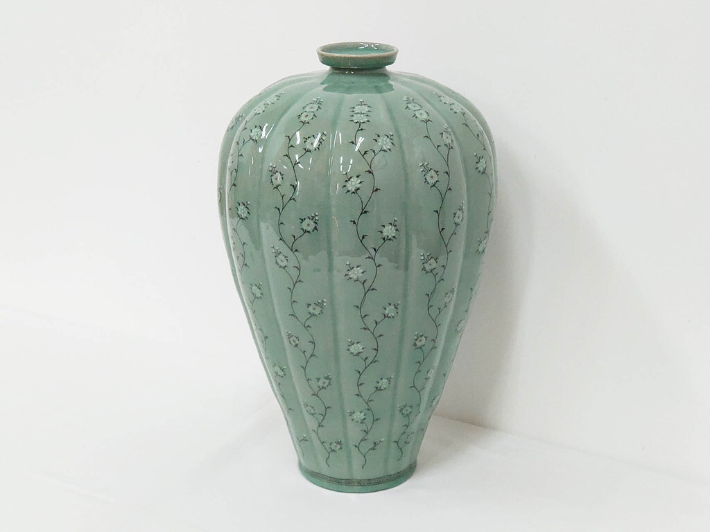 ①1円 高麗青磁 韓国 海青 壺 網目透かし 壺 飛鶴 花器 花瓶 花生け 二