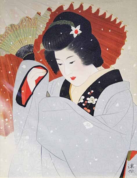 【真作】版画　小笠原春子　リトグラフ　お夏　舞妓図　和装美人画　Z87 小笠原春子/お夏/直筆サイン/印有り/リトグラフ/石版画/美人画/着物/日