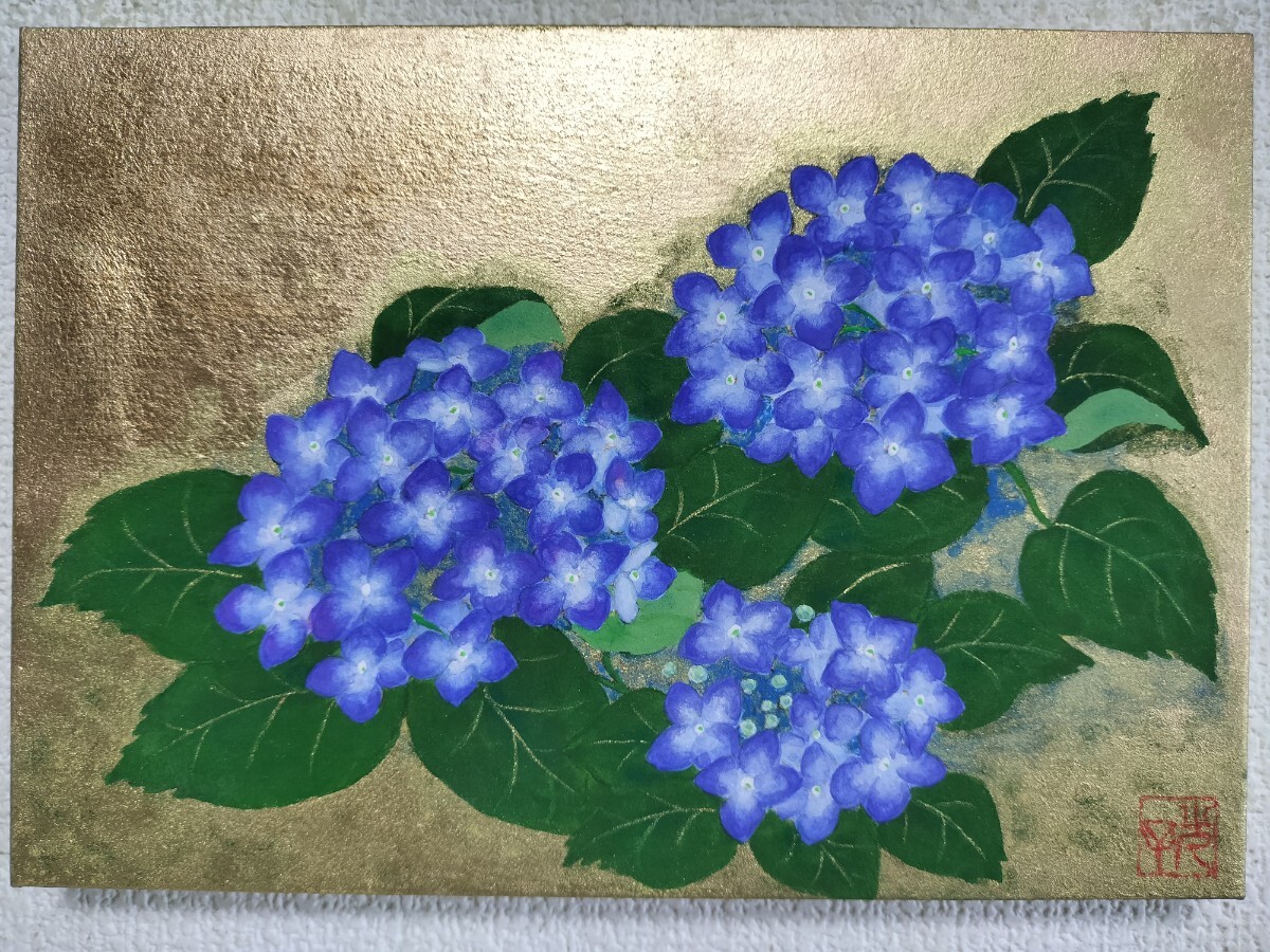 新品】日本画「蓮華」FSM号 ハスの花 金箔、岩絵の具 肉筆画