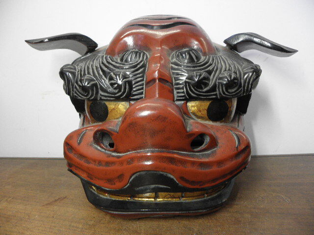 中古】【1尺2寸】獅子頭 獅子舞 木彫彩色 朱漆彩色獅子頭 獅子舞 神楽