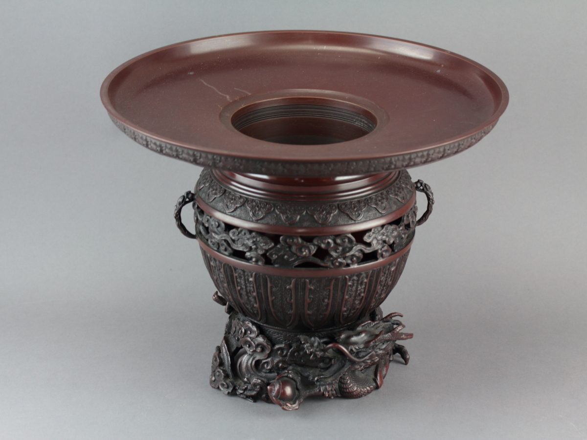 12887□薄端 中光造 銅製 雲龍模様 花器 華道具 盛上 龍巻