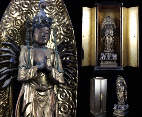 仏教美術 木造 寄木造 彩色漆箔 十一面千手観音立像 特大55.6cm 玉眼