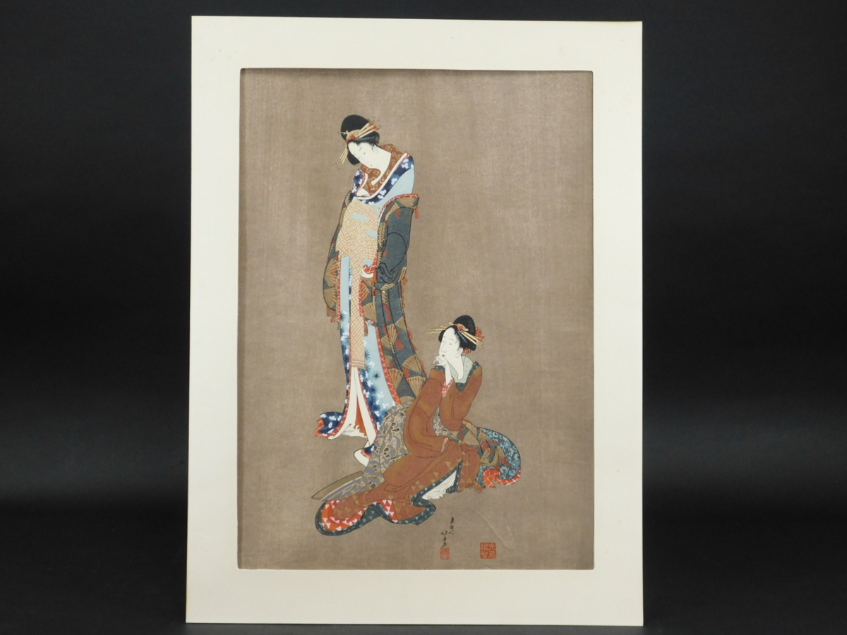葛飾北斎(画狂人)二美人図(花魁 舞妓 遊里 芸者 女性)古法純手摺木版画