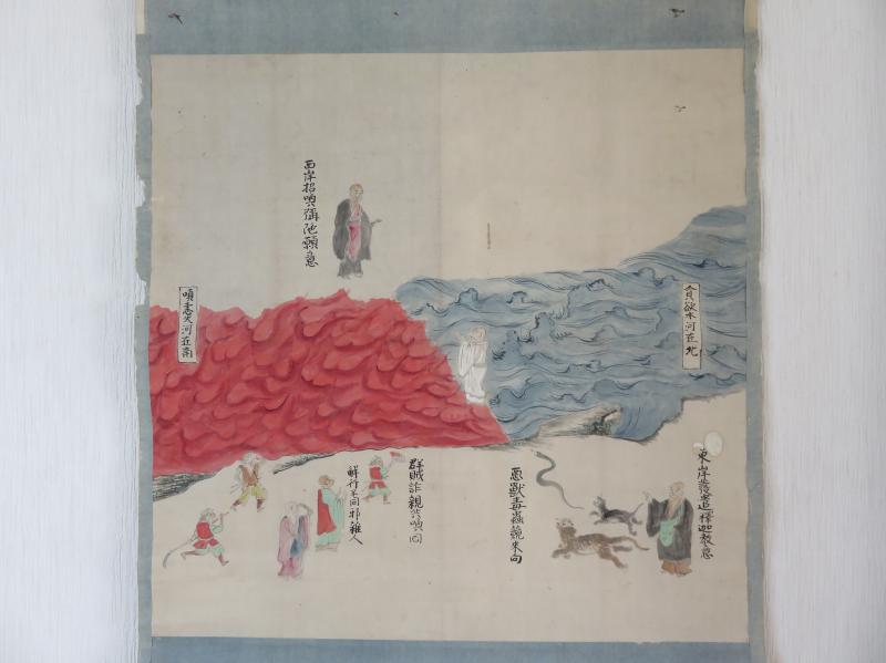 古仏画 二河白道図 紙本 掛軸 合箱 仏教美術【CM404】 掛け軸 掛軸 二河白道図 大幅複製仏画 87.3×215cm 高級桐箱入 全国送料