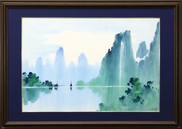 真作】【WISH】張光壁「桂林山水図」水彩 15号大 大作 〇中国画家 中国