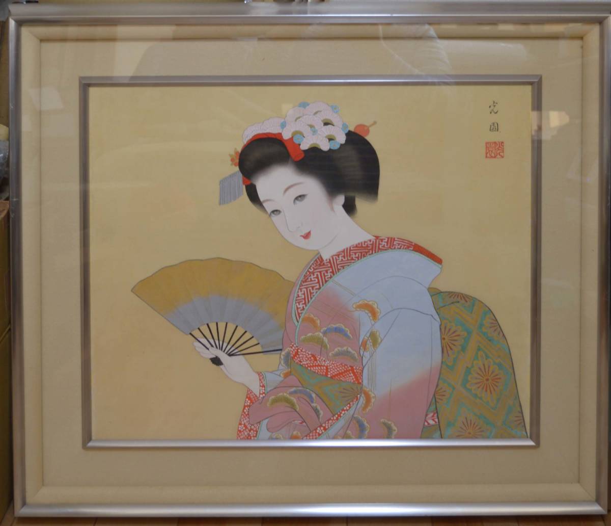 上村松園　舞子 芸者 着物美人・肉筆水彩・大型額装・日本画・ us46r 上村松園 舞子 芸者 着物美人・肉筆水彩・大型額装・日本画