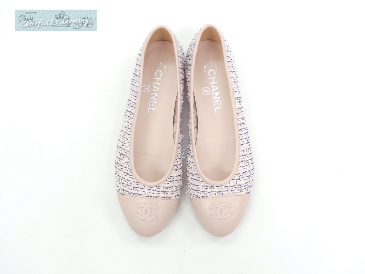 22.5cm優れた品質 【極美品】 CHANEL バレーシューズ ツイード ピンク お買い得セール シャネルツイード×ラムレザーバレエシューズ【美品】 フラットシューズ/バレエシューズ