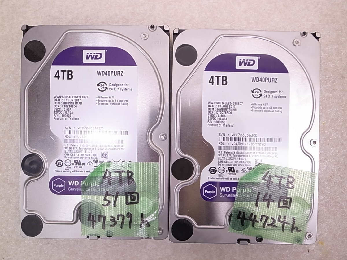 【目立った傷や汚れなし】Western Digital Purple 4TB WD40PURZ 2個セット HDD/ハードディスク/監視カメラ