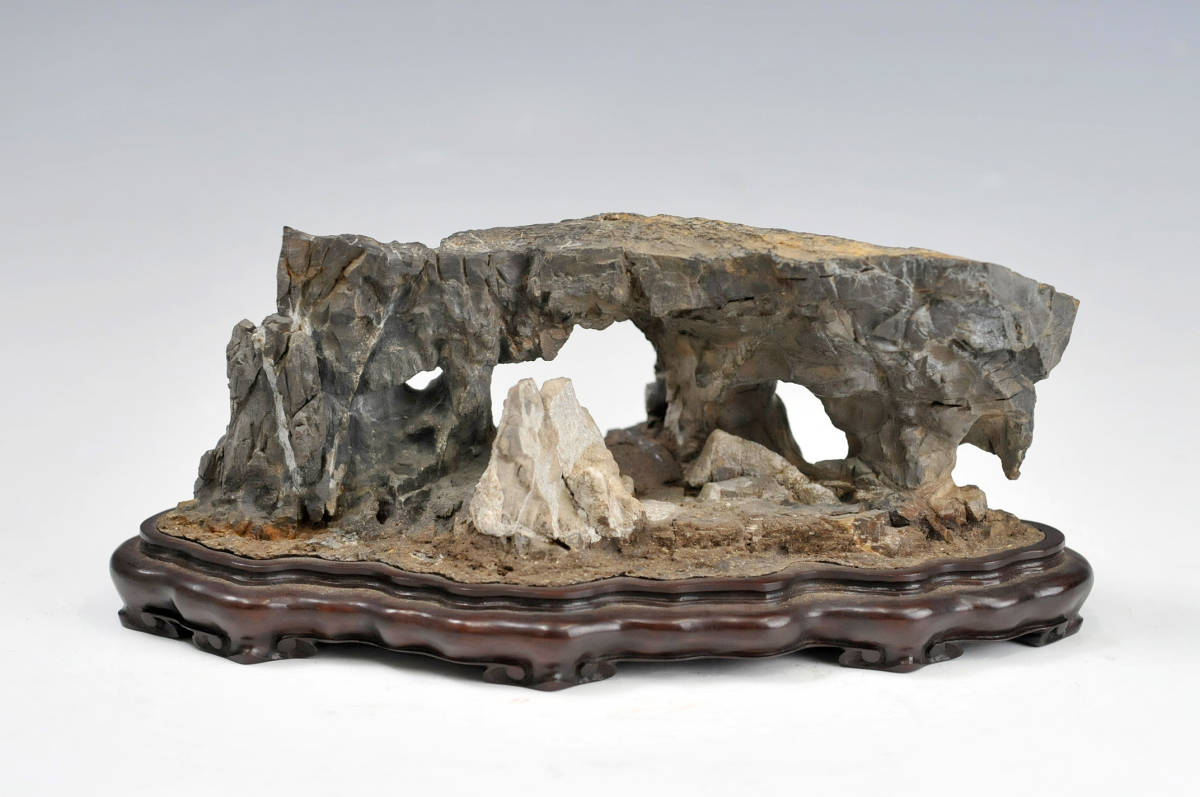 夕霧】紀州銘穴石 古谷石 唐木台 水石 盆石