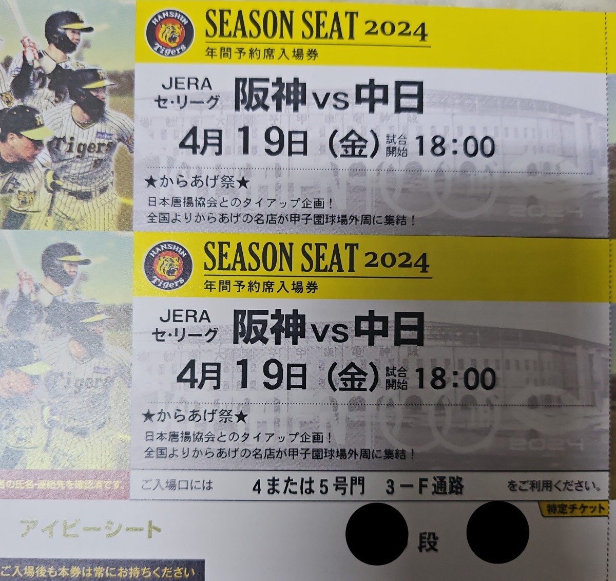 4/19 （金） 阪神タイガース対中日ドラゴンズ チケット 麗しき