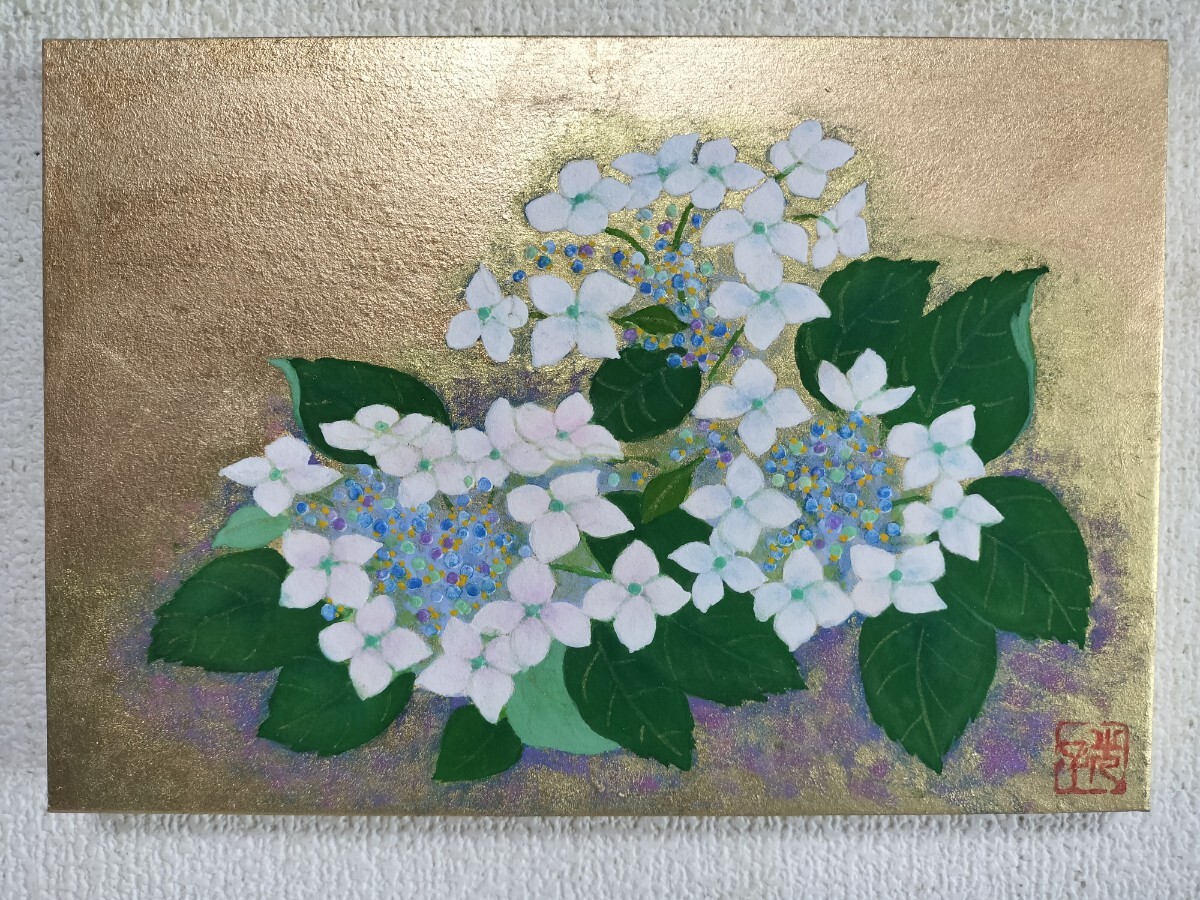 新品】日本画「蓮華」FSM号 ハスの花 金箔、岩絵の具 肉筆画