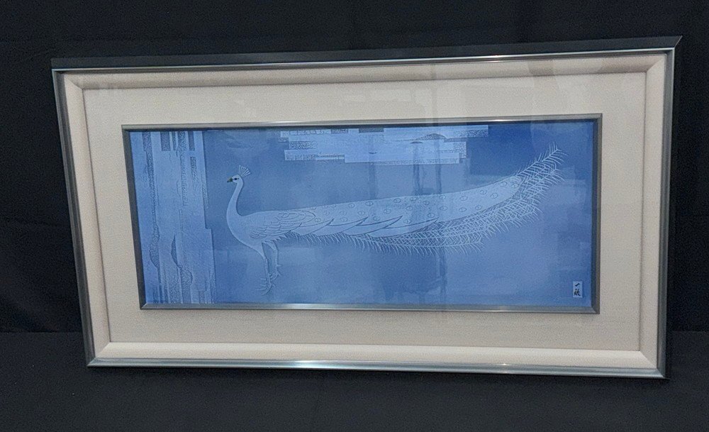 九谷焼 長田龍仙 色絵 松に鷹 陶板 陶額 額装 壁飾 箱無 美品 P167