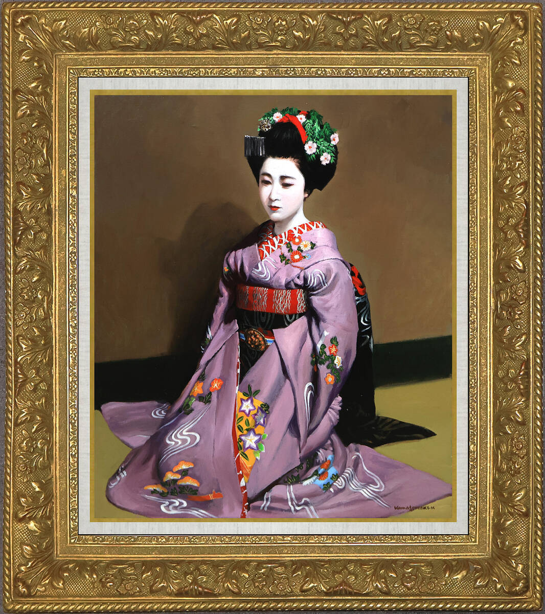 目立った傷や汚れなし】《一輪の薔薇》 小松崎邦雄 「青の舞妓」 油彩