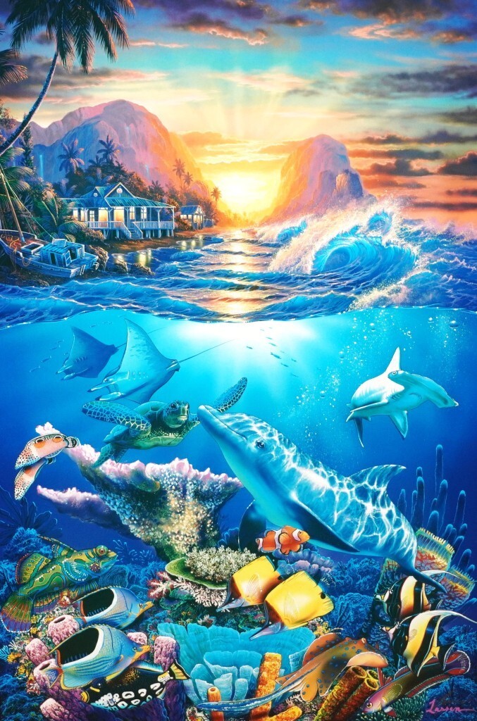 良好/美品】ラッセン代表作 手彩入 マウイ浜辺 夕日 海 波 ハワイ 風景