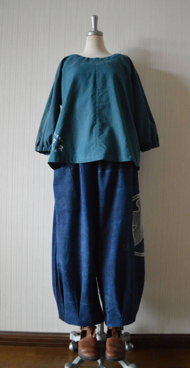 古布藍染印半纏リメイクバルーンパンツ 中古】◇藍染 印半纏 法被 植源 植木 庭師 背紋 リメイク素材の落札