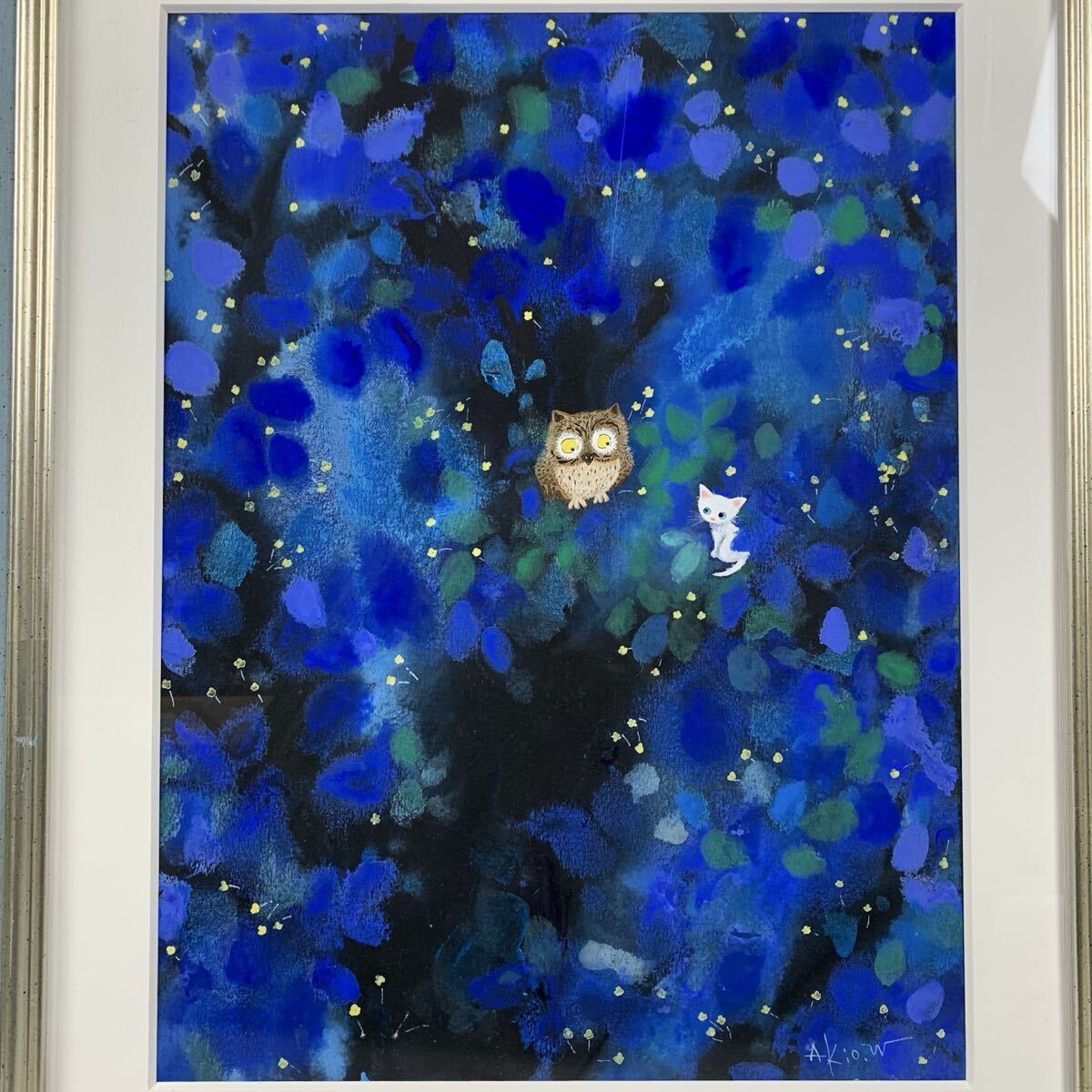 新品】可愛い猫の画家 渡辺あきお額付ミニアート「ふたりでいる