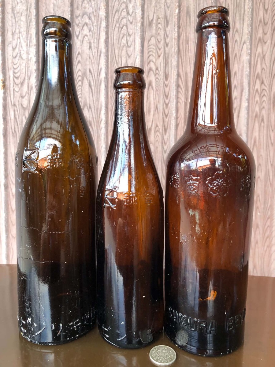 中古】戦前ビール瓶3本○キリンビール・ニッポンビール戦中戦後ラベル