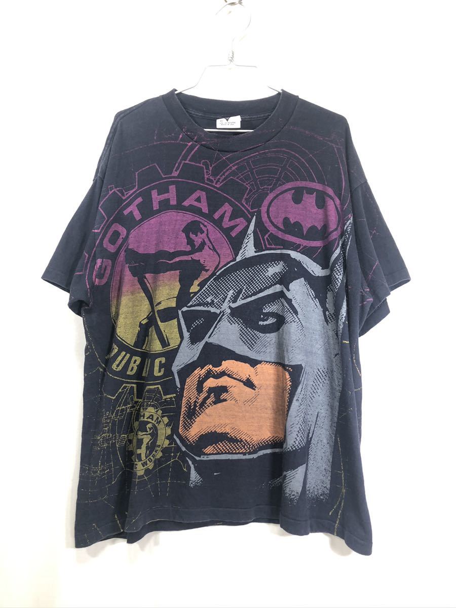 【中古】90s Batman Gotham Public Works Tシャツ ブラック バットマン ゴッサム パブリックワークス[17][240017780215] 90s BATMAN GOTHAM PUBLIC WORKS Tシャツ 映画 アニメ 総柄 手刷り