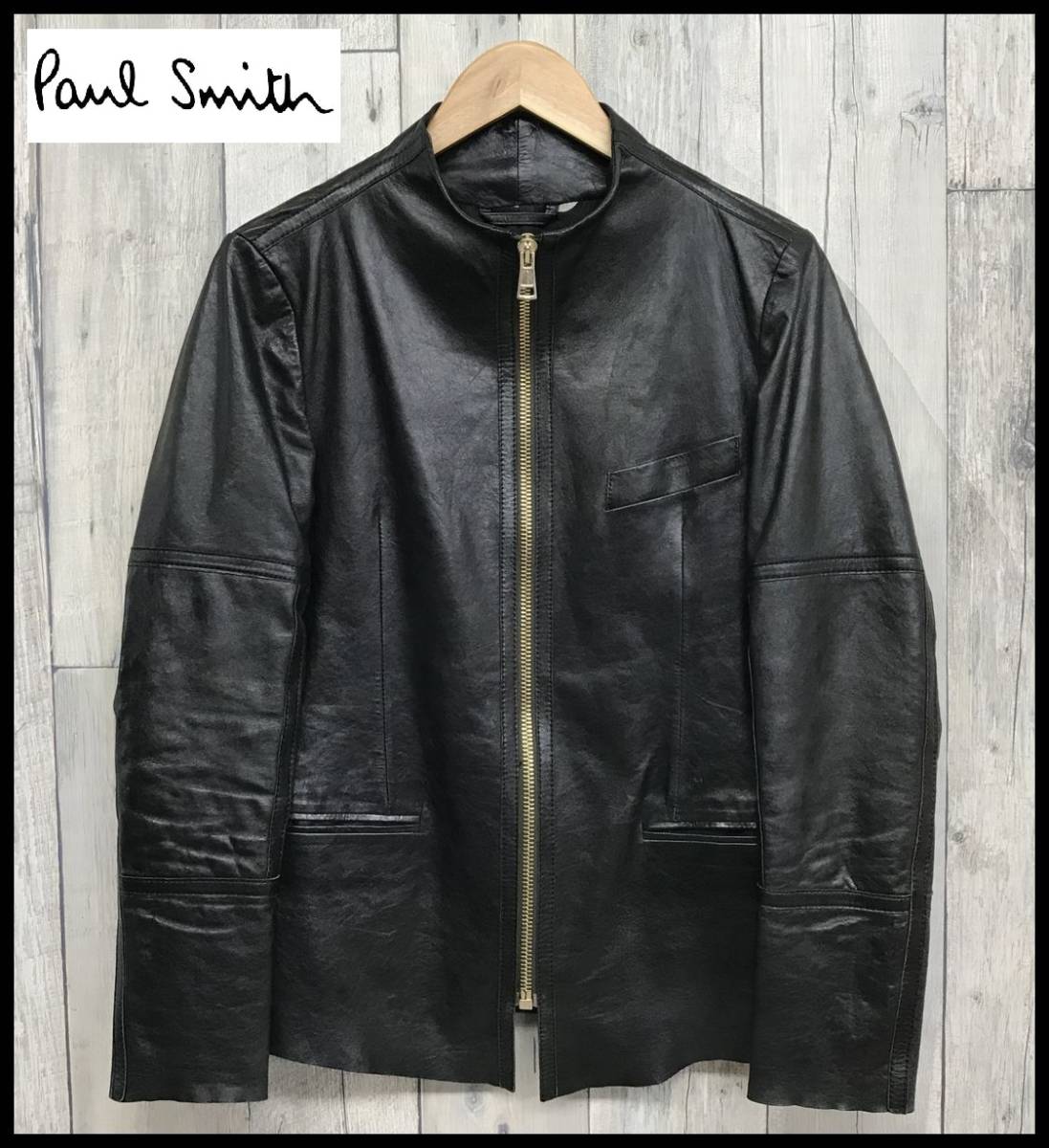 美品 ポールスミス レザージャケット ノーカラー ブラック 裏地総柄  