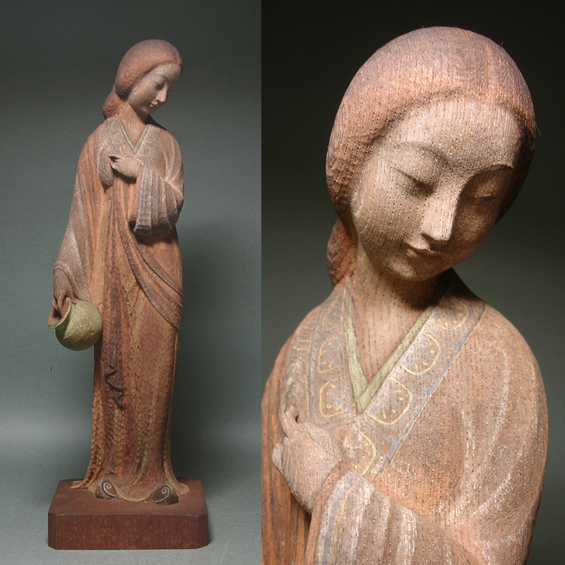 木製、時代彫刻　(明代〜) 慶應◇本物保証 大正時代の彫刻家【津田禎二】作 木彫彩色 唐美人像 高