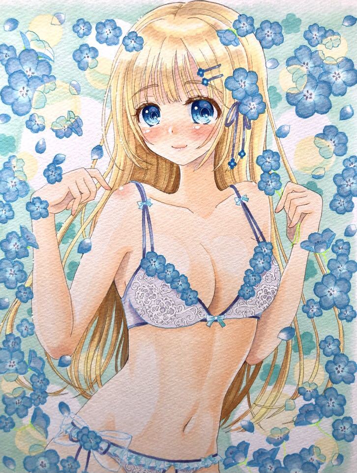 手描きイラスト　 ビキニ少女 新品】手描きイラスト ♪ネモフィラブラの女の子♪ コピック アナログ