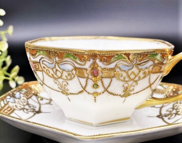オールドノリタケ エナメルビジュー 金盛上 アールヌーボー
