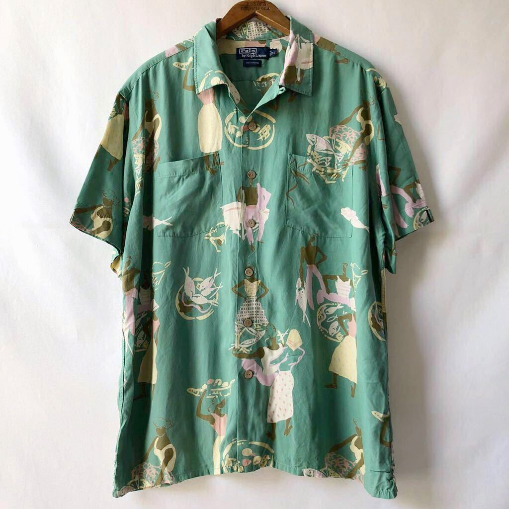 90s Polo by Ralph Lauren 黒人 ループ留め 開襟 レーヨン アロハ