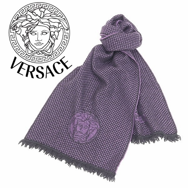 【目立った傷や汚れなし】 VERSACE ヴェルサーチ メデューサ ロゴ チェッカー柄 ウール マフラー パープル×ブラックの落札情報詳細