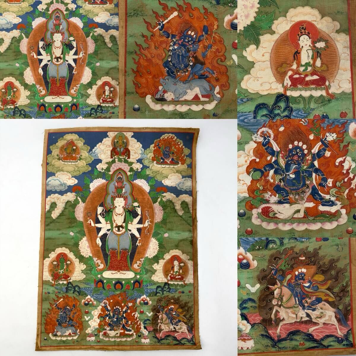 【やや傷や汚れあり】時代物 旧家整理品 チベット 仏教美術 タンカ 曼荼羅 肉筆絹本 描金仏(高麗李朝朝鮮 唐物 中国美術 仏像 掛け軸 書画 ...