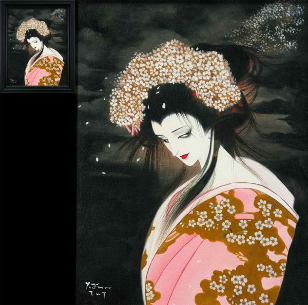 F6号】手描き油彩 水森亜土 新品額縁 未使用額 サイン 女の子