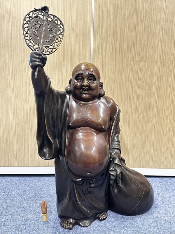 置物□布袋さん 銅製 オブジェ 七福神 米俵上布袋様 1.12kg時代物 骨董