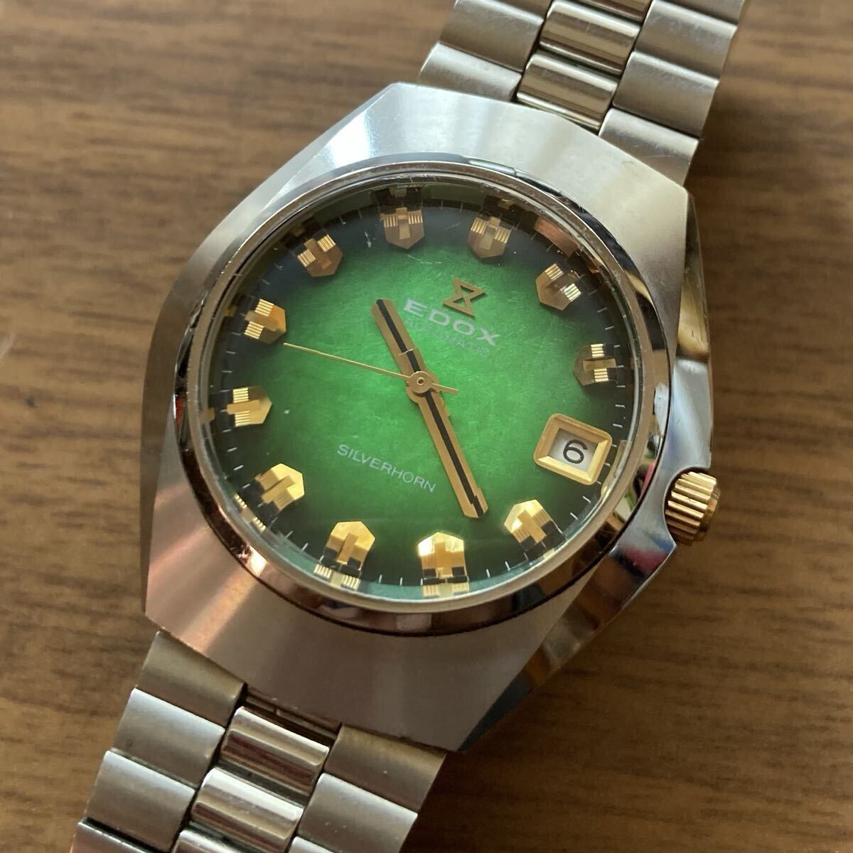 美品 EDOX エドックス 自動巻 稼働品 21石 カットガラス グリーン文字