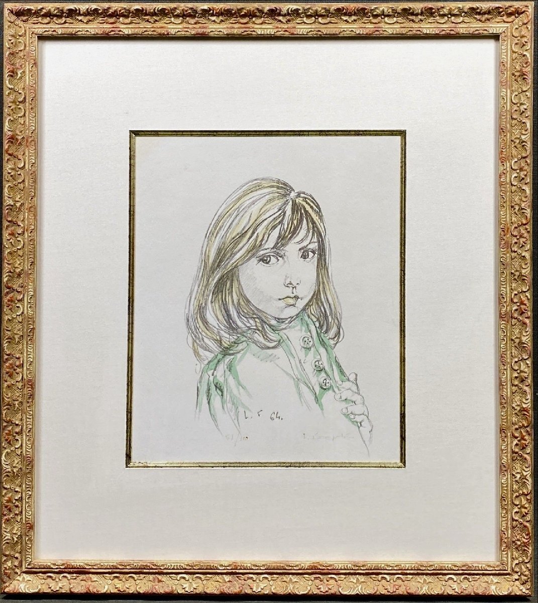 油彩//絵画//可愛い女の子の人物画//豚//サイン有 F6号//子豚//油絵