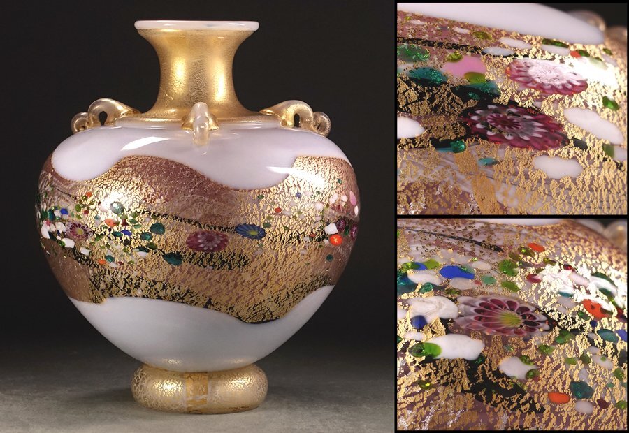 現代の名工【黒木国昭作 手吹きガラス 金赤金彩・琳派 花器 一輪挿し