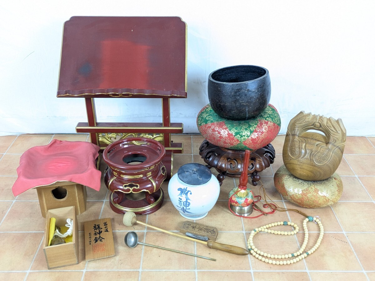 中古】S 寺院仏具 特大銅造けいす おりん 座布団 おりん台 おりん棒 高