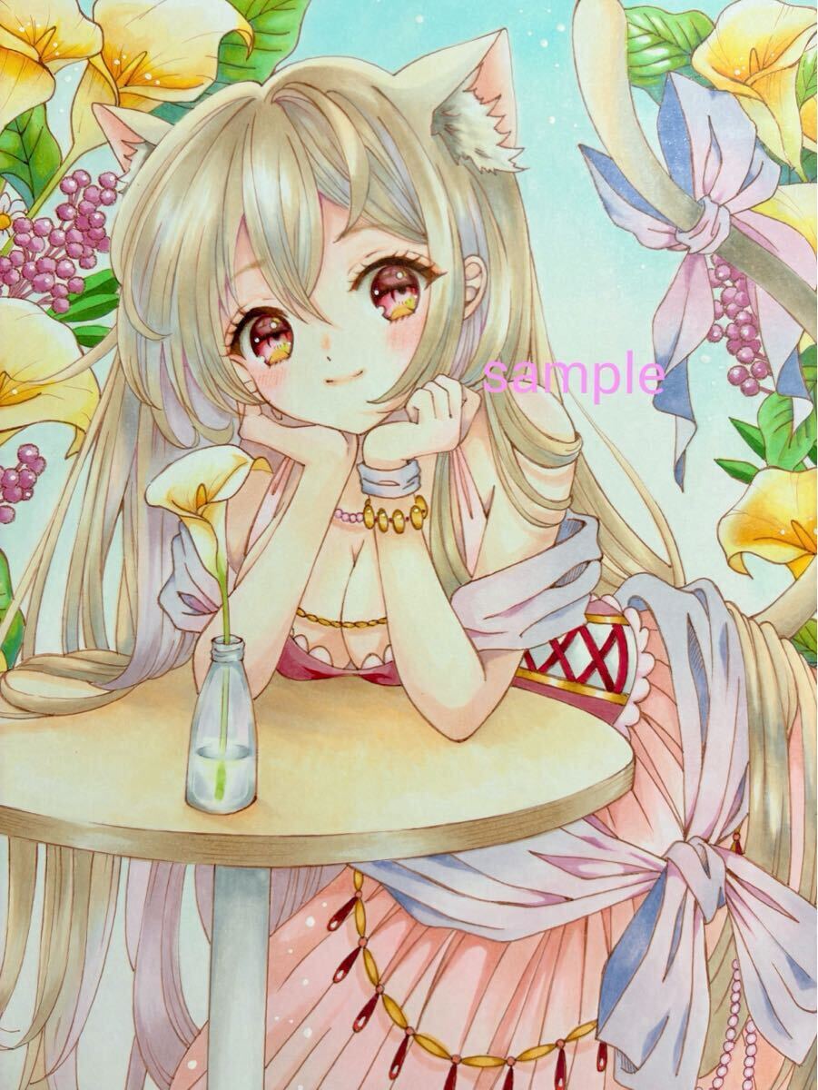 オリジナル 手描きイラスト コピック 猫耳 女の子 創作 色紙 原画
